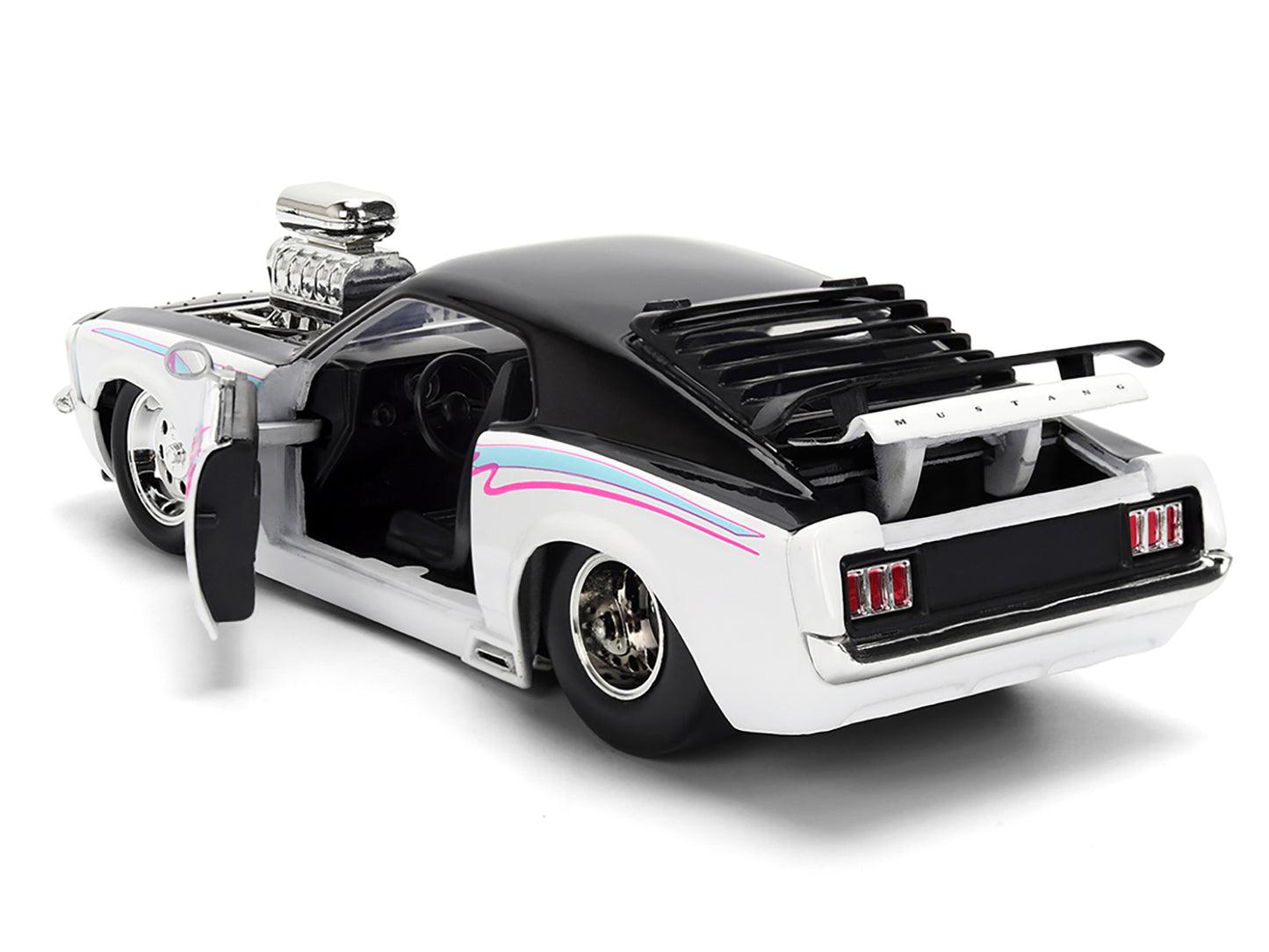 1970 Ford Mustang Boss 429 Black and White with Graphics "Bigtime Muscle" Series 1/24 Diecast Model Car by Jada