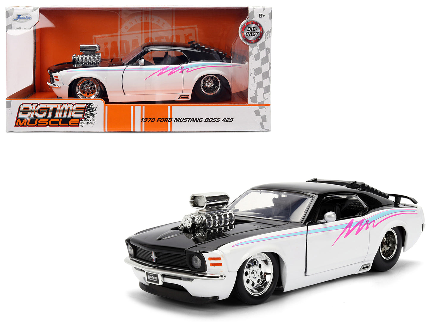 1970 Ford Mustang Boss 429 Black and White with Graphics "Bigtime Muscle" Series 1/24 Diecast Model Car by Jada-DiecastModeler.com