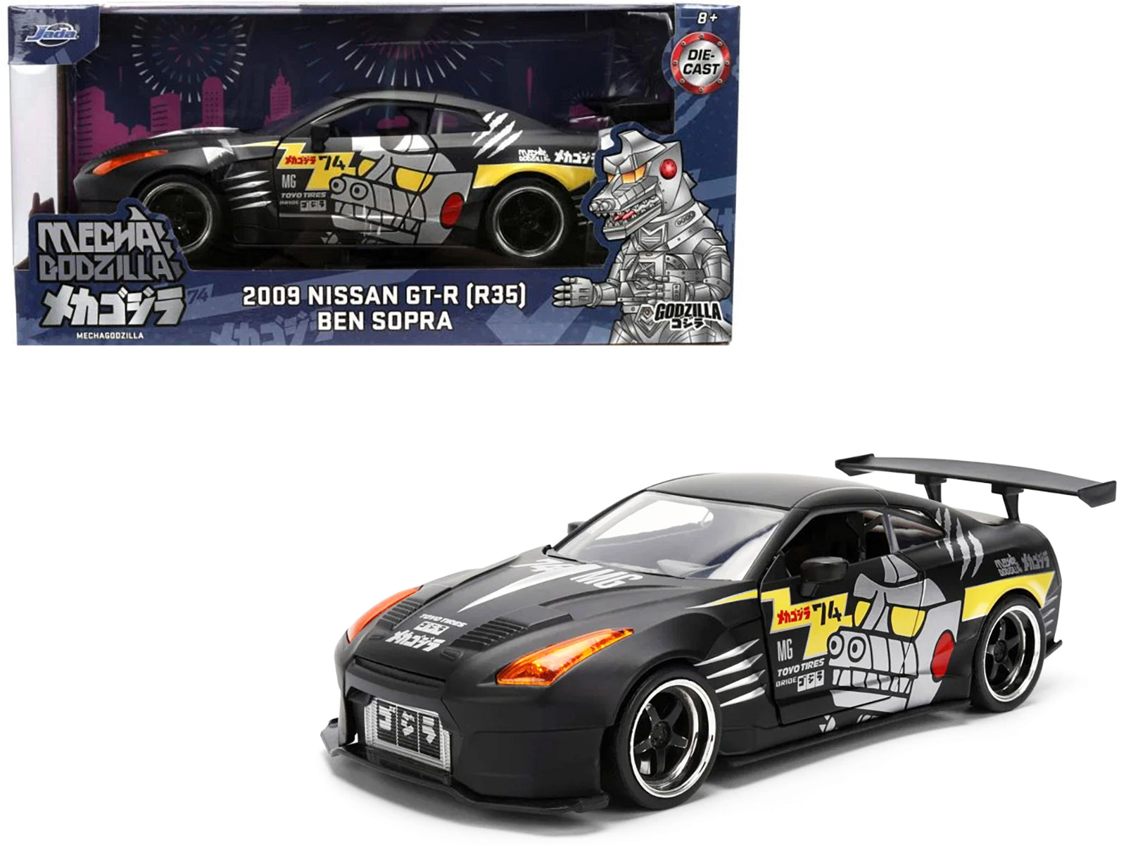 2009 Nissan GT-R (R35) Ben Sopra Matt Black with "Mechagodzilla" Graphics "Hollywood Rides" Series 1/24 Diecast Model Car by Jada-DiecastModeler.com