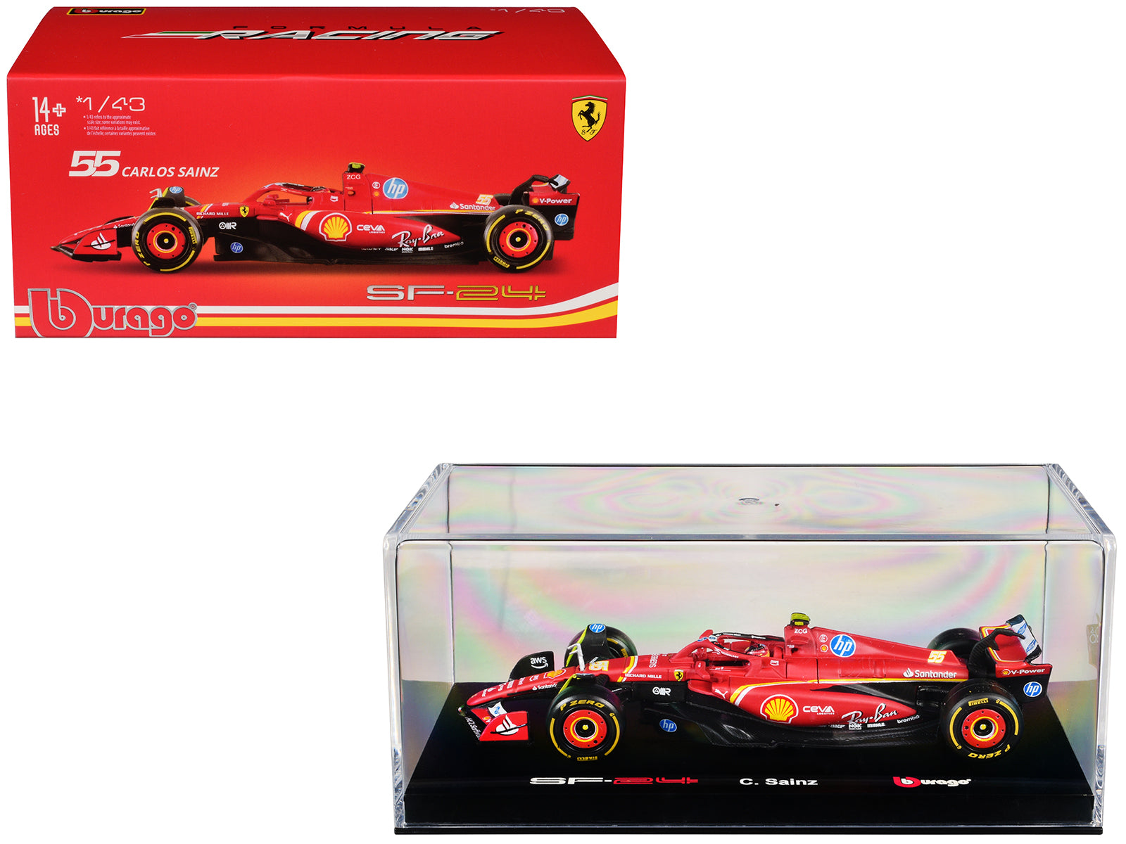 Ferrari SF-24 #55 Carlos Sainz "Formula One F1 World Championship" (2024) with Display Case "Formula Racing" Series 1/43 Diecast Model Car by Bburago-DiecastModeler.com