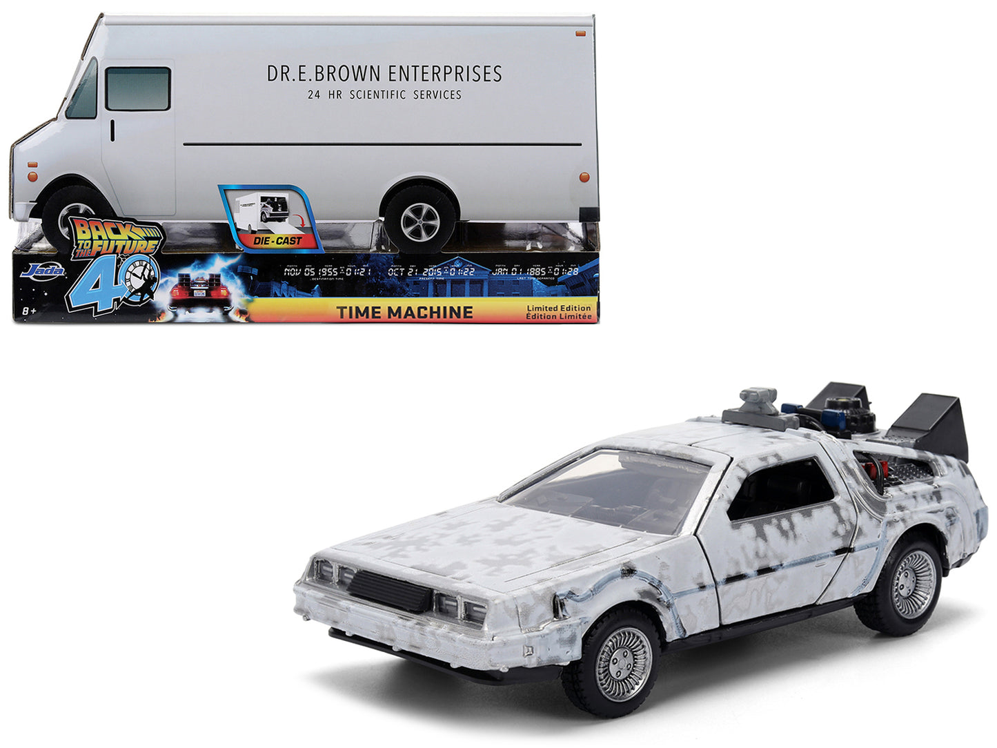 DMC DeLorean Time Machine Brushed Metal (Frost Version) "Back to the Future" (1985) Movie "40th Anniversary" Special Packaging "Hollywood Rides" Series 1/32 Diecast Model Car by Jada