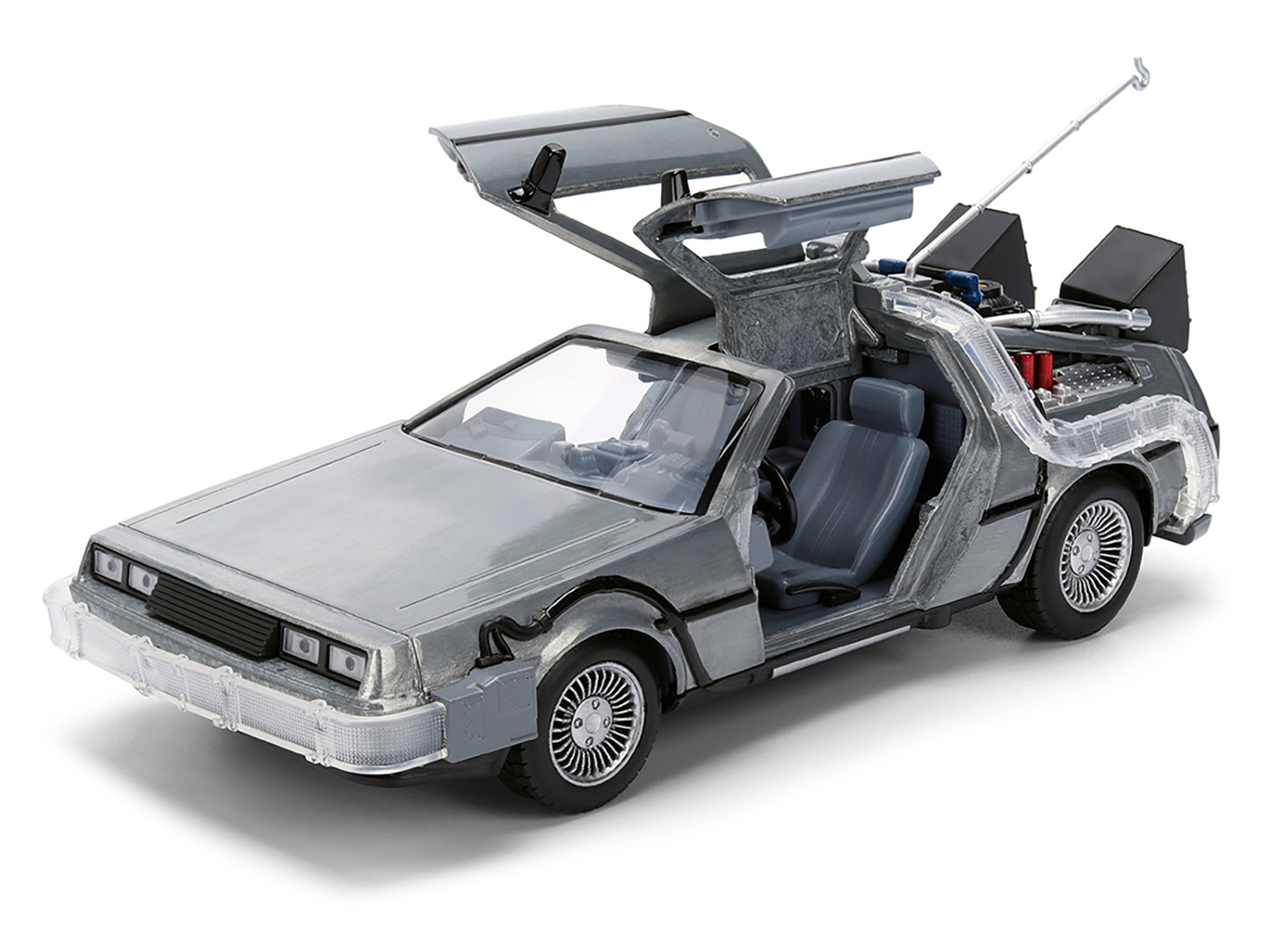 DeLorean Brushed Metal Time Machine with Lights "Back to the Future" (1985) Movie "40th Anniversary" Special Packaging "Hollywood Rides" Series 1/24 Diecast Model Car by Jada
