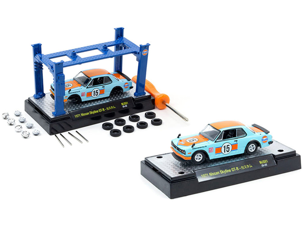 1971 Nissan Skyline GT-R RHD (Right Hand Drive) #15 "Gulf Oil" Light Blue and Orange "Auto-Lifts" Series Limited Edition to 3300 pieces Worldwide 1/64 Diecast Model Car by M2 Machines