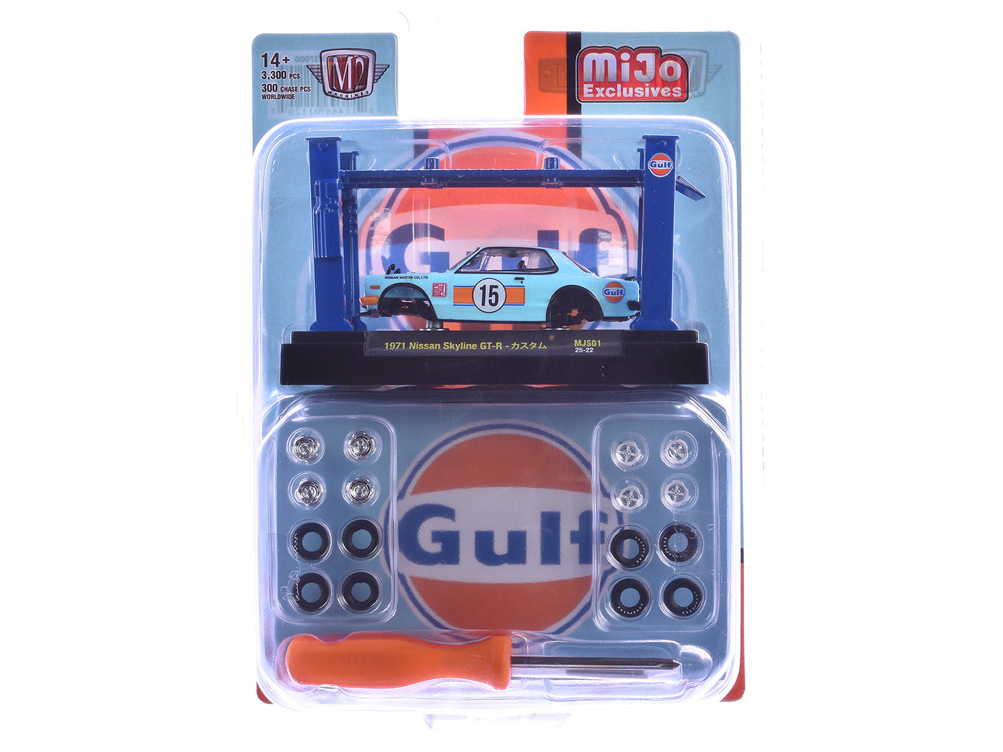 1971 Nissan Skyline GT-R RHD (Right Hand Drive) #15 "Gulf Oil" Light Blue and Orange "Auto-Lifts" Series Limited Edition to 3300 pieces Worldwide 1/64 Diecast Model Car by M2 Machines