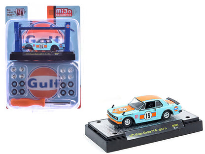 1971 Nissan Skyline GT-R RHD (Right Hand Drive) #15 "Gulf Oil" Light Blue and Orange "Auto-Lifts" Series Limited Edition to 3300 pieces Worldwide 1/64 Diecast Model Car by M2 Machines-DiecastModeler.com