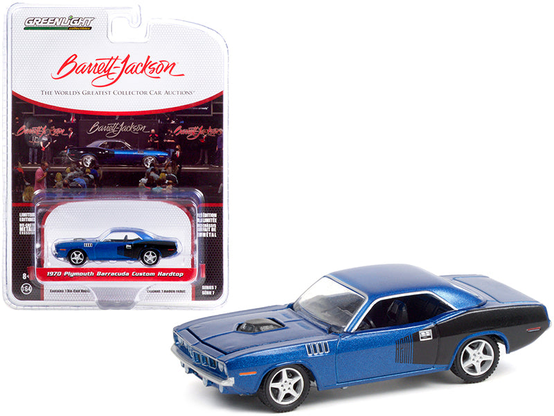 1970 Plymouth Barracuda Custom Hardtop Blue Metallic and Black with Modern HEMI Lettering (Lot #720) Barrett Jackson "Scottsdale Edition" Series 7 1/64 Diecast Model Car by Greenlight-DiecastModeler.com