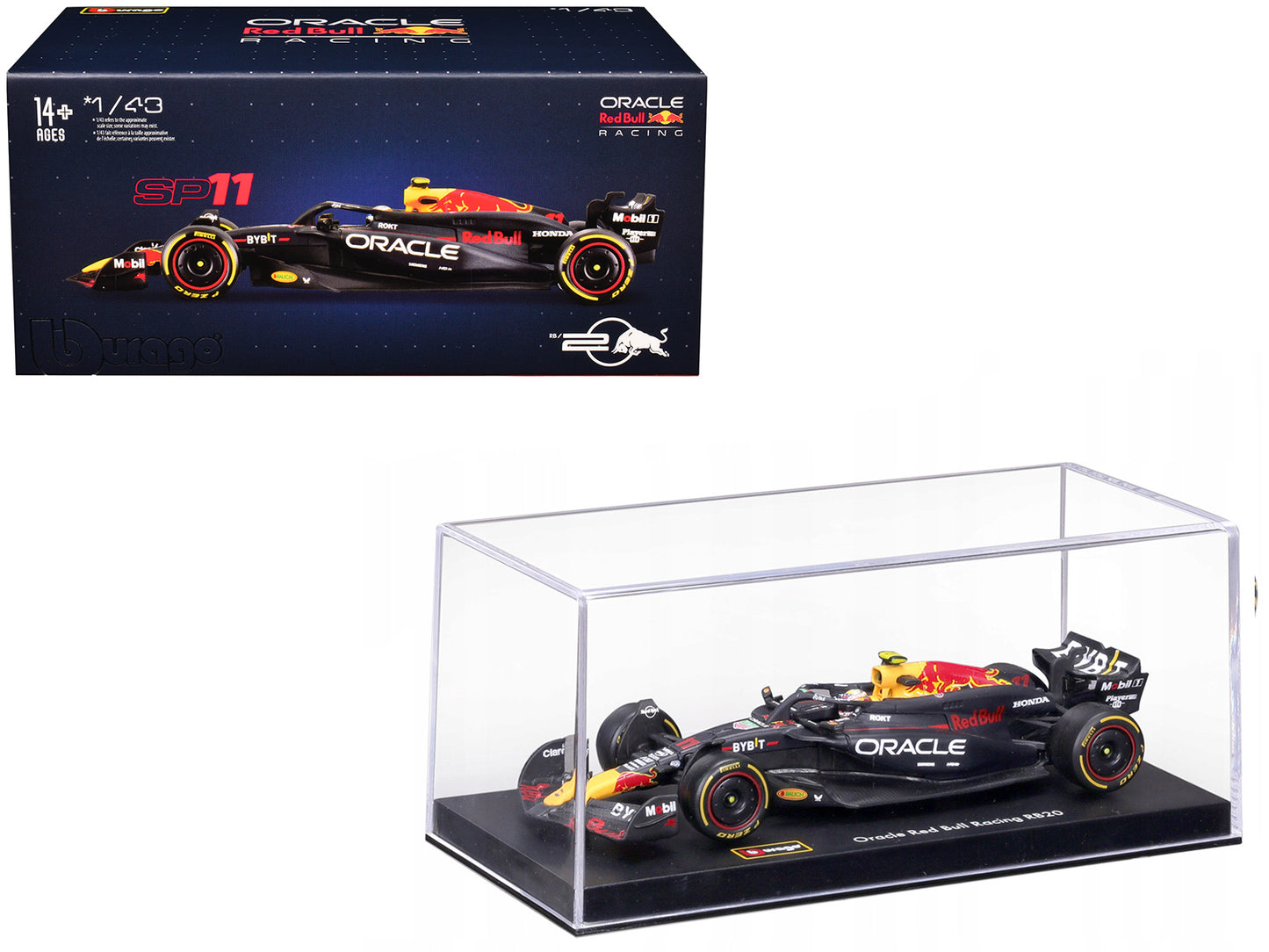 Red Bull Racing RB20 #11 Sergio Perez "Oracle" Formula One F1 World Championship (2024) with Driver Figure and Display Case "Race" Series 1/43 Diecast Model Car by Bburago-DiecastModeler.com