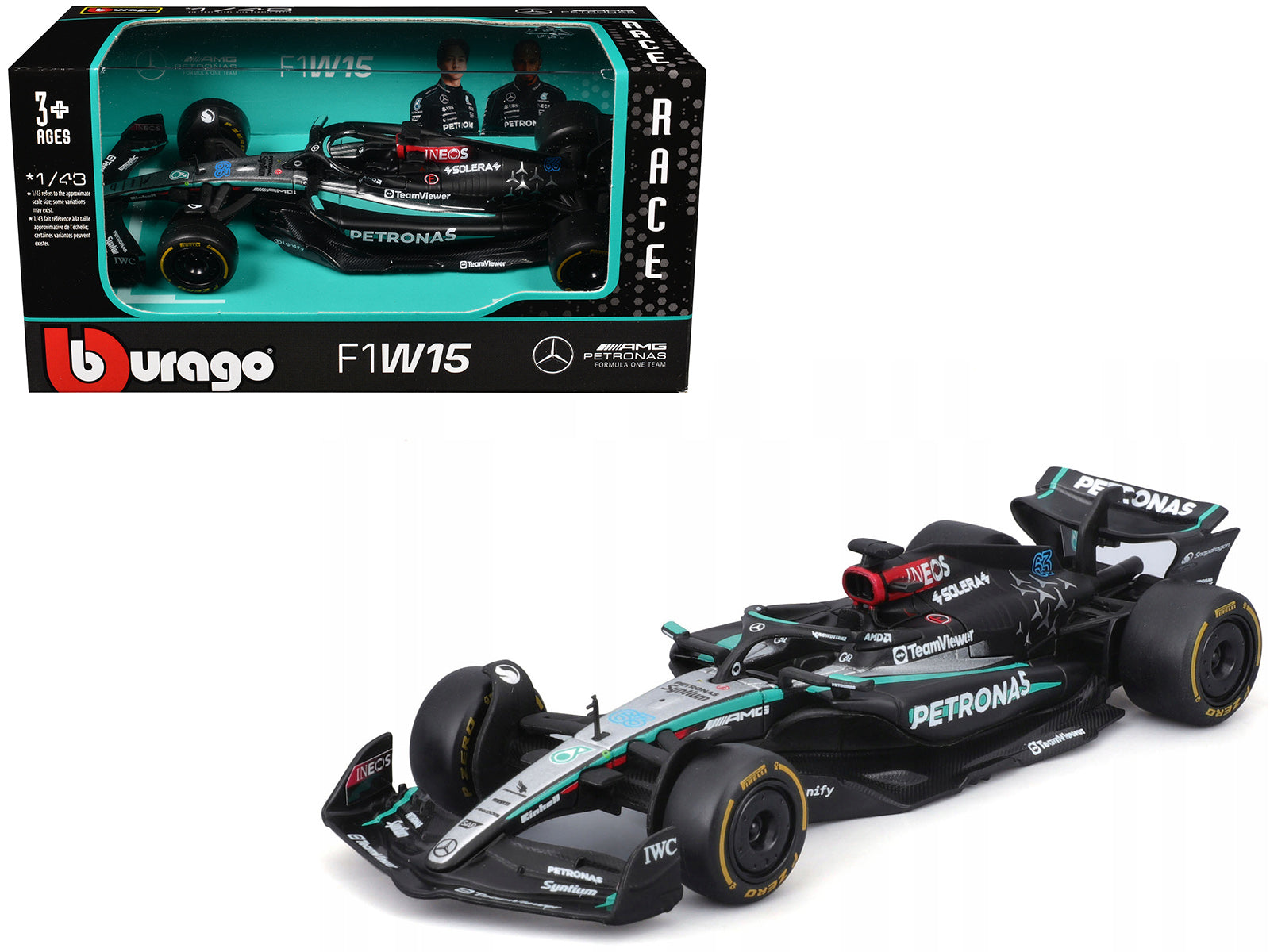 Mercedes-AMG F1 W15 E Performance #63 George Russell "Petronas" Formula One F1 World Championship (2024) "Race" Series 1/43 Diecast Model Car by Bburago-DiecastModeler.com