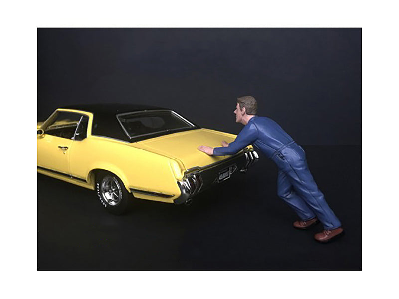 Mechanic Darwin Pushing a Car Figurine for 1/24 Scale Models by American Diorama-DiecastModeler.com