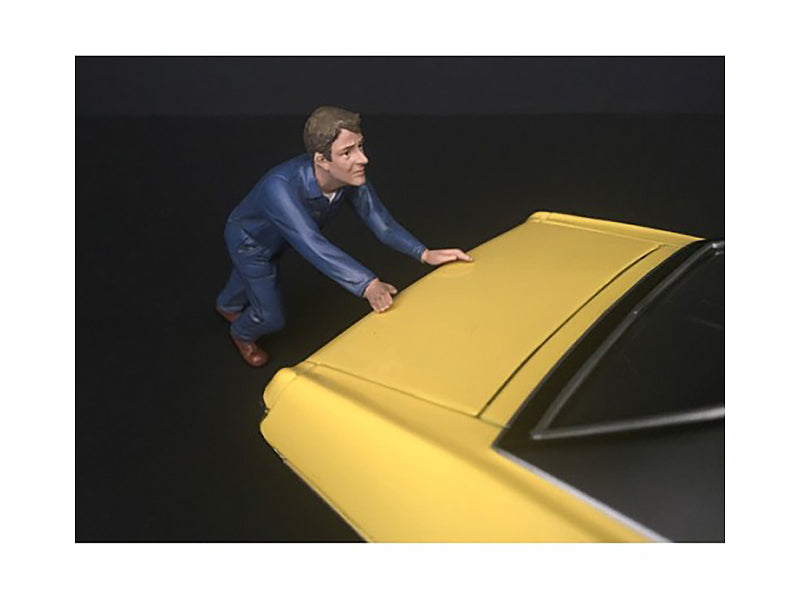 Mechanic Darwin Pushing a Car Figurine for 1/24 Scale Models by American Diorama-DiecastModeler.com