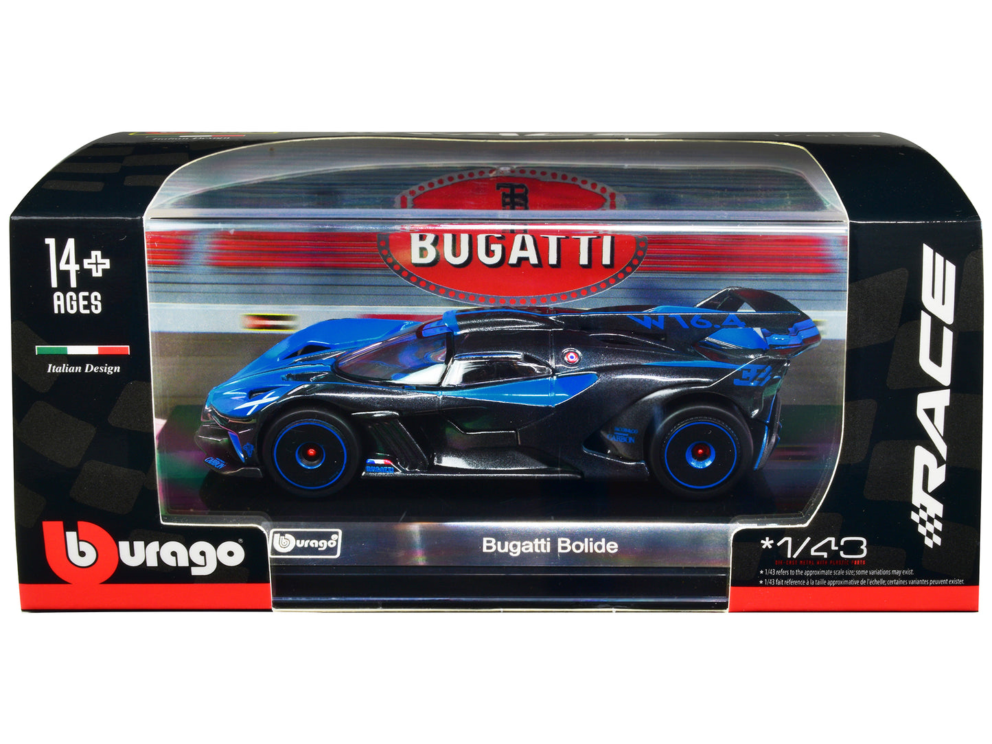 Bugatti Bolide Blue and Carbon Gray "Race" Series 1/43 Diecast Model Car by Bburago-DiecastModeler.com