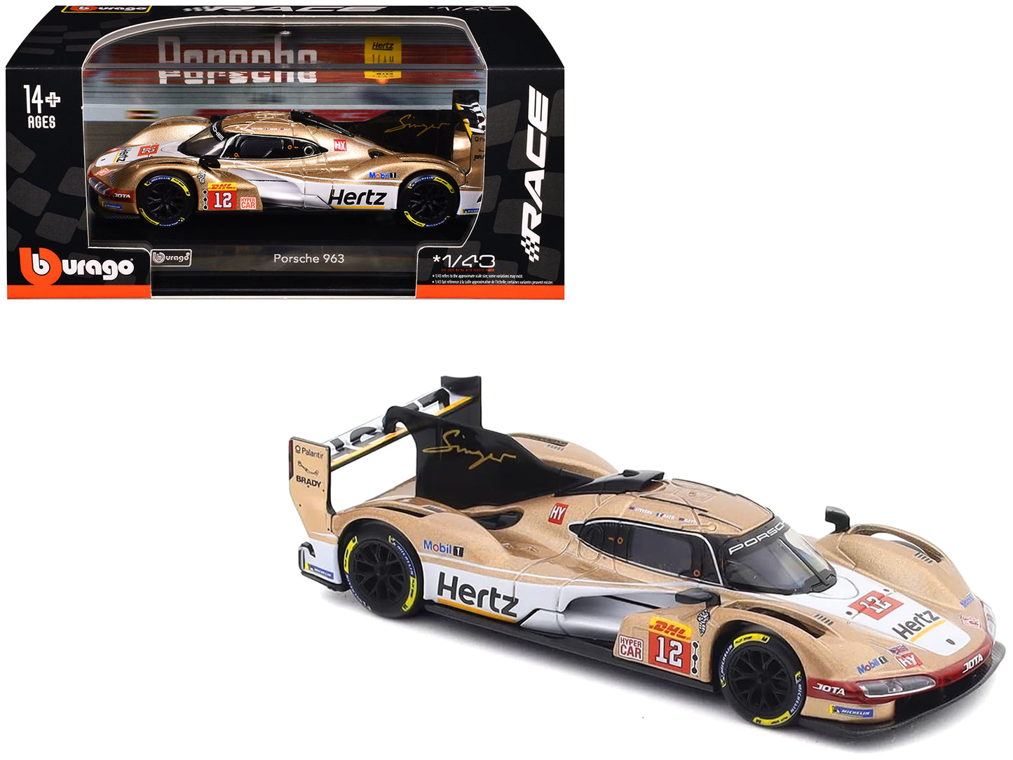 Porsche 963 #12 Callum Ilott - Will Stevens - Norman Nato "Hertz Team Jota" Hypercar Team Winner "FIA World Endurance Championship" (2024) with Display Case "Race" Series 1/43 Diecast Model Car by Bburago