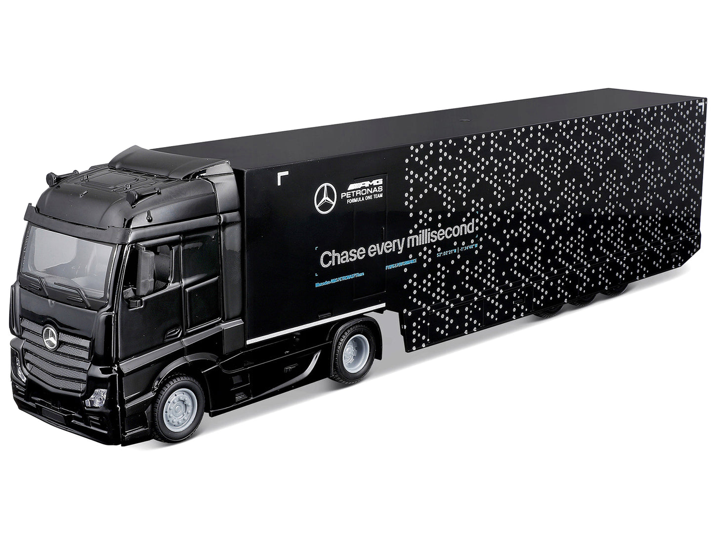 Mercedes-Benz Actros Gigaspace Car Transporter Black and Mercedes-AMG F1 W15 E Performance #63 George Russell "Petronas" Formula One F1 World Championship (2024) "Racing Hauler" Series 1/43 Diecast Model Car by Bburago-DiecastModeler.com