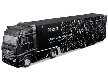 Mercedes-Benz Actros Gigaspace Car Transporter Black and Mercedes-AMG F1 W15 E Performance #63 George Russell "Petronas" Formula One F1 World Championship (2024) "Racing Hauler" Series 1/43 Diecast Model Car by Bburago-DiecastModeler.com
