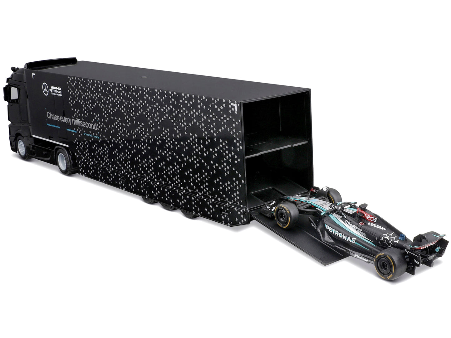 Mercedes-Benz Actros Gigaspace Car Transporter Black and Mercedes-AMG F1 W15 E Performance #63 George Russell "Petronas" Formula One F1 World Championship (2024) "Racing Hauler" Series 1/43 Diecast Model Car by Bburago-DiecastModeler.com
