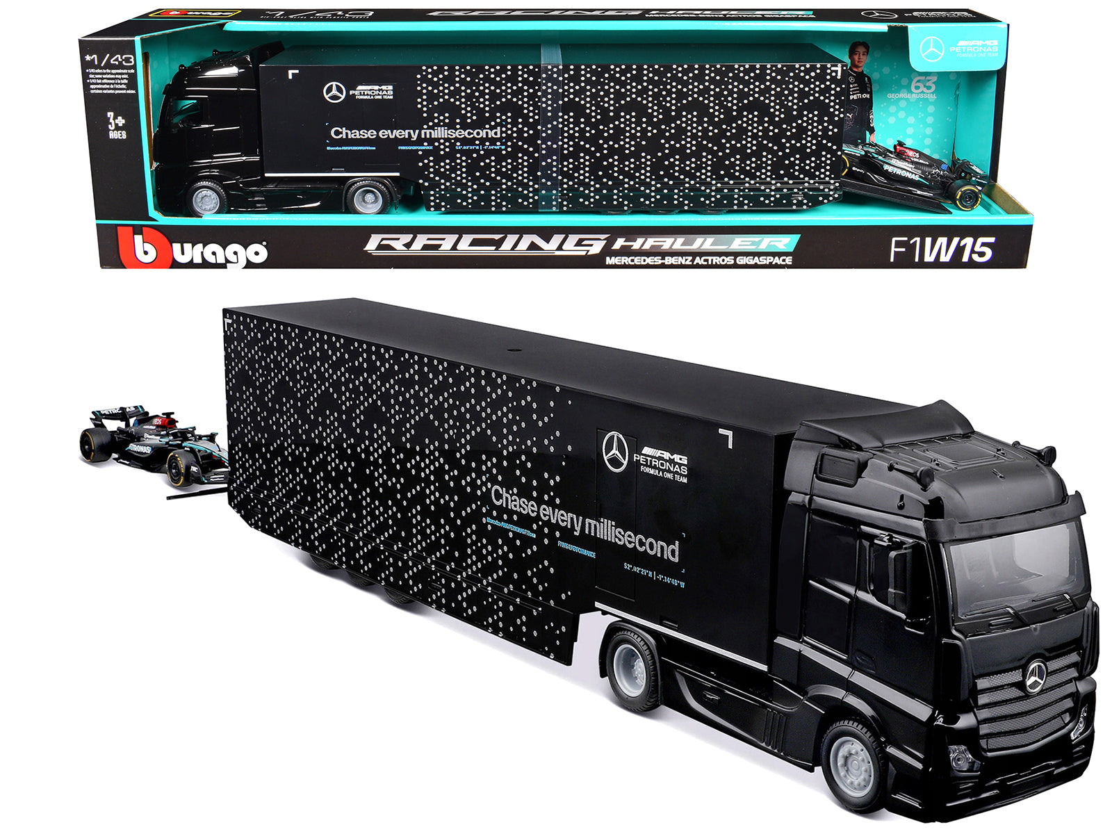 Mercedes-Benz Actros Gigaspace Car Transporter Black and Mercedes-AMG F1 W15 E Performance #63 George Russell "Petronas" Formula One F1 World Championship (2024) "Racing Hauler" Series 1/43 Diecast Model Car by Bburago-DiecastModeler.com