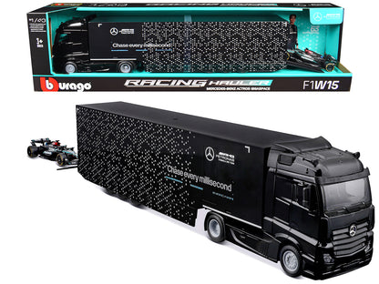 Mercedes-Benz Actros Gigaspace Car Transporter Black and Mercedes-AMG F1 W15 E Performance #63 George Russell "Petronas" Formula One F1 World Championship (2024) "Racing Hauler" Series 1/43 Diecast Model Car by Bburago-DiecastModeler.com