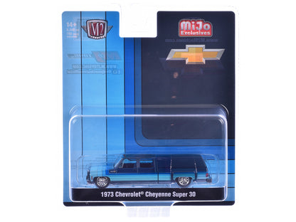 1973 Chevrolet Cheyenne Super 30 Pickup Truck with Camper Shell Blue with Stripes Limited Edition to 8500 pieces Worldwide 1/64 Diecast Model Car by M2 Machines