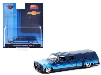 1973 Chevrolet Cheyenne Super 30 Pickup Truck with Camper Shell Blue with Stripes Limited Edition to 8500 pieces Worldwide 1/64 Diecast Model Car by M2 Machines