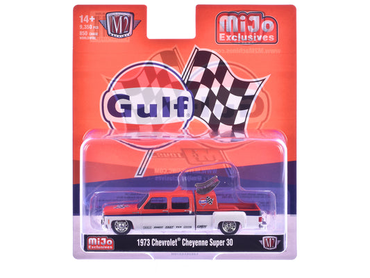 1973 Chevrolet Cheyenne Super 30 Pickup Truck "Gulf Oil" Orange and White with Blue Stripes Limited Edition to 9350 pieces Worldwide 1/64 Diecast Model Car by M2 Machines