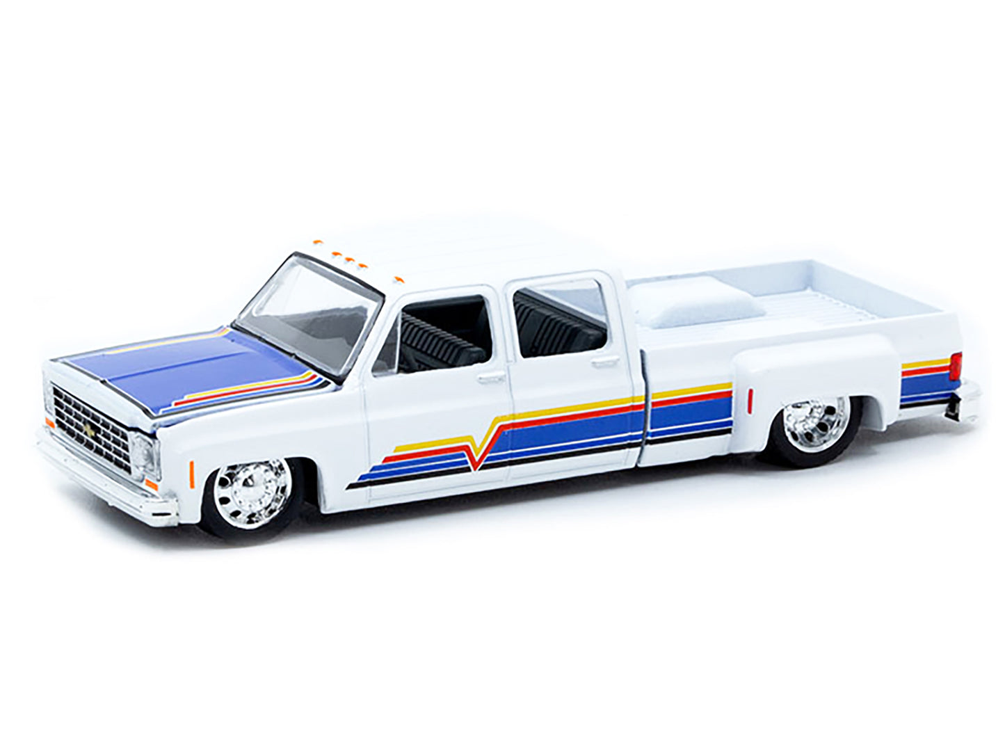 1975 Chevrolet Cheyenne Super 30 Dually Pickup Truck White with Blue Hood and Stripes Limited Edition to 8800 pieces Worldwide 1/64 Diecast Model Car by M2 Machines-DiecastModeler.com