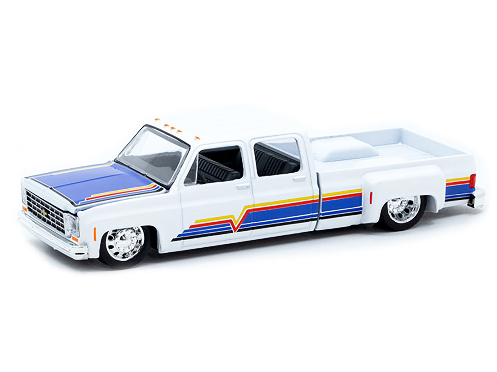 1975 Chevrolet Cheyenne Super 30 Dually Pickup Truck White with Blue Hood and Stripes Limited Edition to 8800 pieces Worldwide 1/64 Diecast Model Car by M2 Machines-DiecastModeler.com
