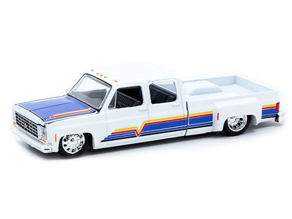 1975 Chevrolet Cheyenne Super 30 Dually Pickup Truck White with Blue Hood and Stripes Limited Edition to 8800 pieces Worldwide 1/64 Diecast Model Car by M2 Machines-DiecastModeler.com