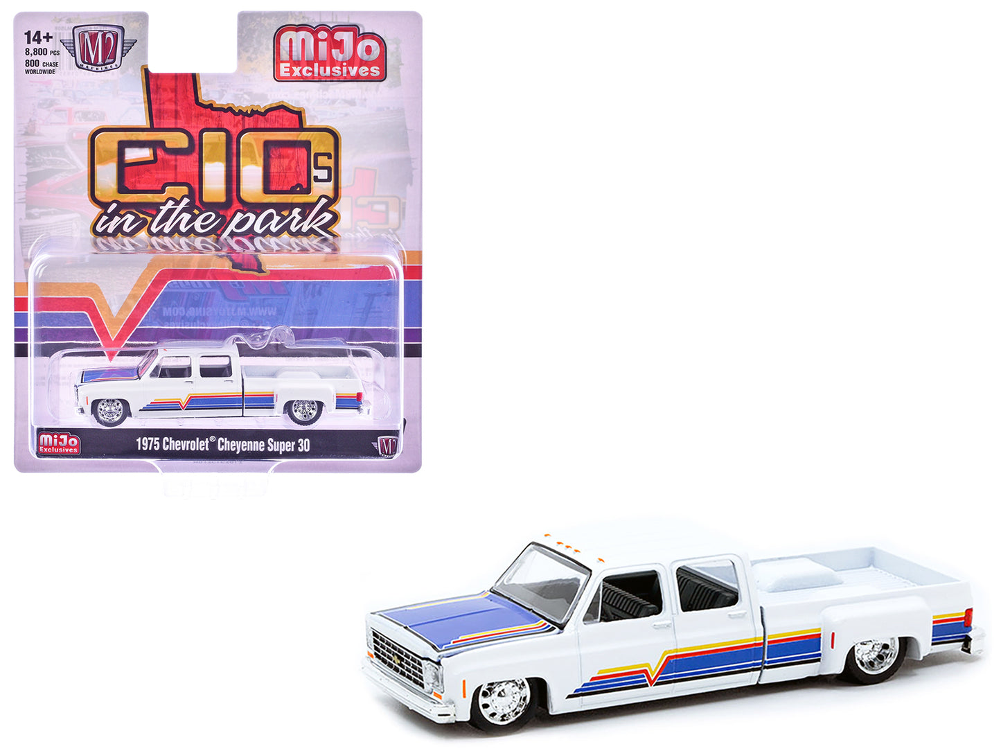 1975 Chevrolet Cheyenne Super 30 Dually Pickup Truck White with Blue Hood and Stripes Limited Edition to 8800 pieces Worldwide 1/64 Diecast Model Car by M2 Machines