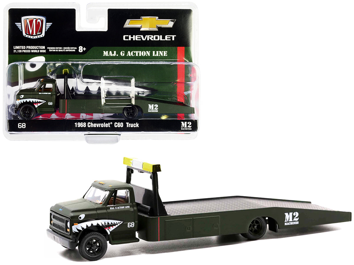 1968 Chevrolet C60 Flatbed Truck #68 Matt Dark Green with Graphics "Maj. G Action Line" Limited Edition to 21120 pieces Worldwide 1/64 Diecast Model by M2 Machines-DiecastModeler.com