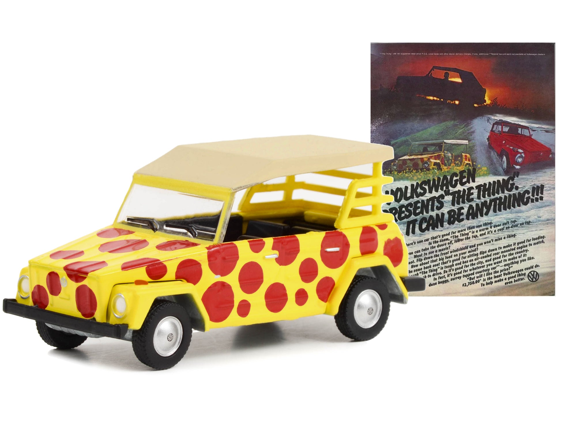1974 Volkswagen Thing Type 181 Yellow with Red Polka Dots "Volkswagen Presents The Thing. It Can Be Anything!!!" "Vintage Ad Cars" Series 8 1/64 Diecast Model Car by Greenlight-DiecastModeler.com