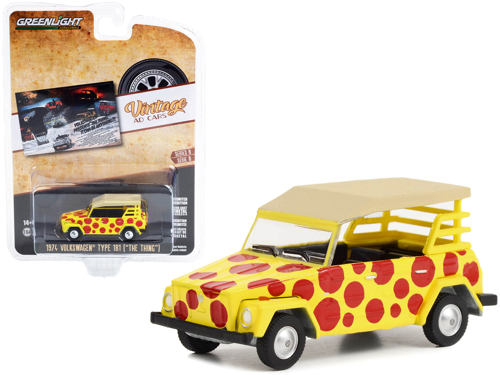 1974 Volkswagen Thing Type 181 Yellow with Red Polka Dots "Volkswagen Presents The Thing. It Can Be Anything!!!" "Vintage Ad Cars" Series 8 1/64 Diecast Model Car by Greenlight-DiecastModeler.com