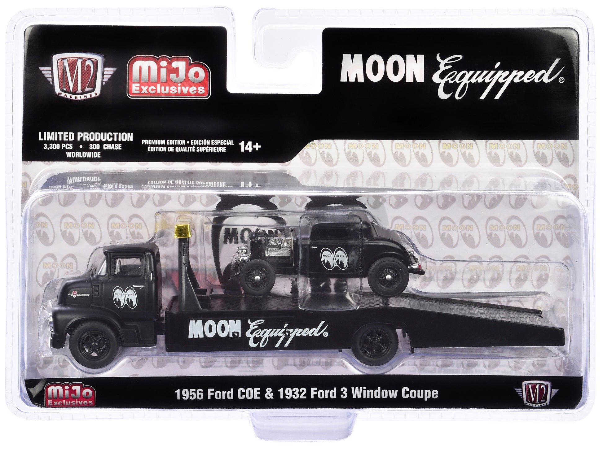 1956 Ford COE Ramp Truck Matt Black and 1932 Ford 3 Window Coupe Matt Black "Mooneyes" Limited Edition to 3300 pieces Worldwide 1/64 Diecast Model by M2 Machines-DiecastModeler.com