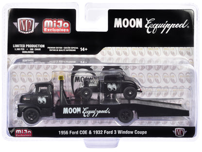 1956 Ford COE Ramp Truck Matt Black and 1932 Ford 3 Window Coupe Matt Black "Mooneyes" Limited Edition to 3300 pieces Worldwide 1/64 Diecast Model by M2 Machines-DiecastModeler.com