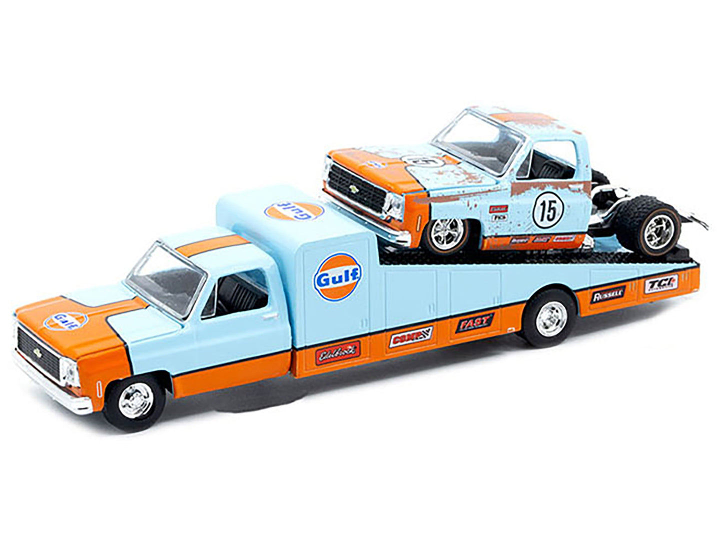 1973 Chevrolet C30 Wedge Truck Light Blue and Orange and 1978 Chevrolet Silverado 10 Bedless Truck #15 Light Blue and Orange (Rusted) "Gulf Oil" Limited Edition to 8000 pieces Worldwide 1/64 Diecast Model by M2 Machines