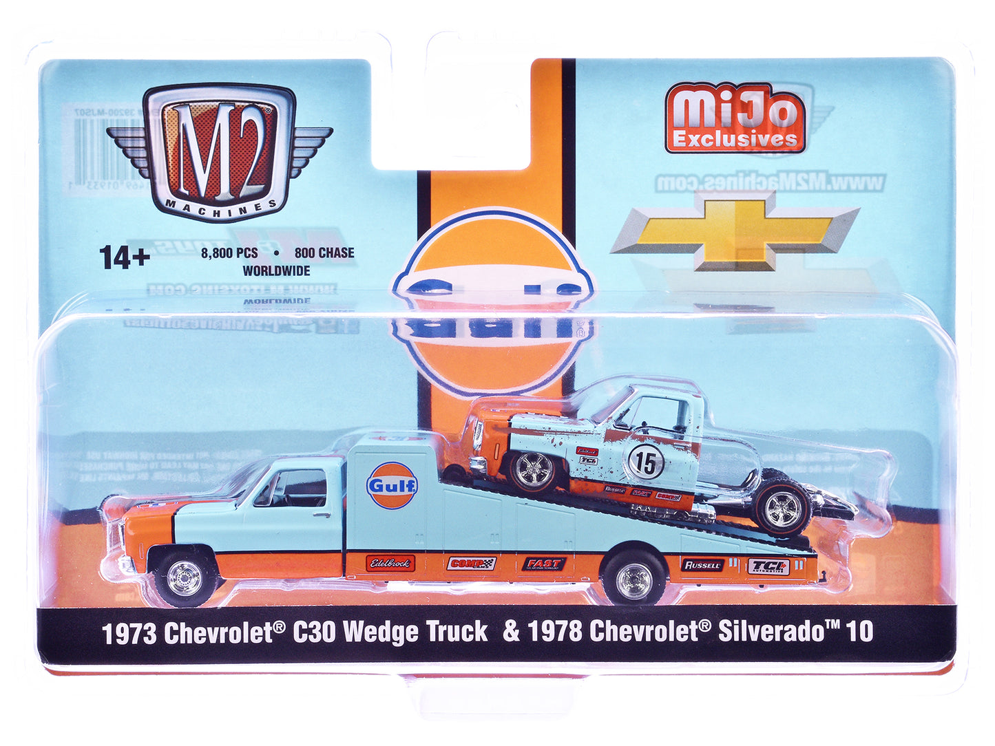 1973 Chevrolet C30 Wedge Truck Light Blue and Orange and 1978 Chevrolet Silverado 10 Bedless Truck #15 Light Blue and Orange (Rusted) "Gulf Oil" Limited Edition to 8000 pieces Worldwide 1/64 Diecast Model by M2 Machines