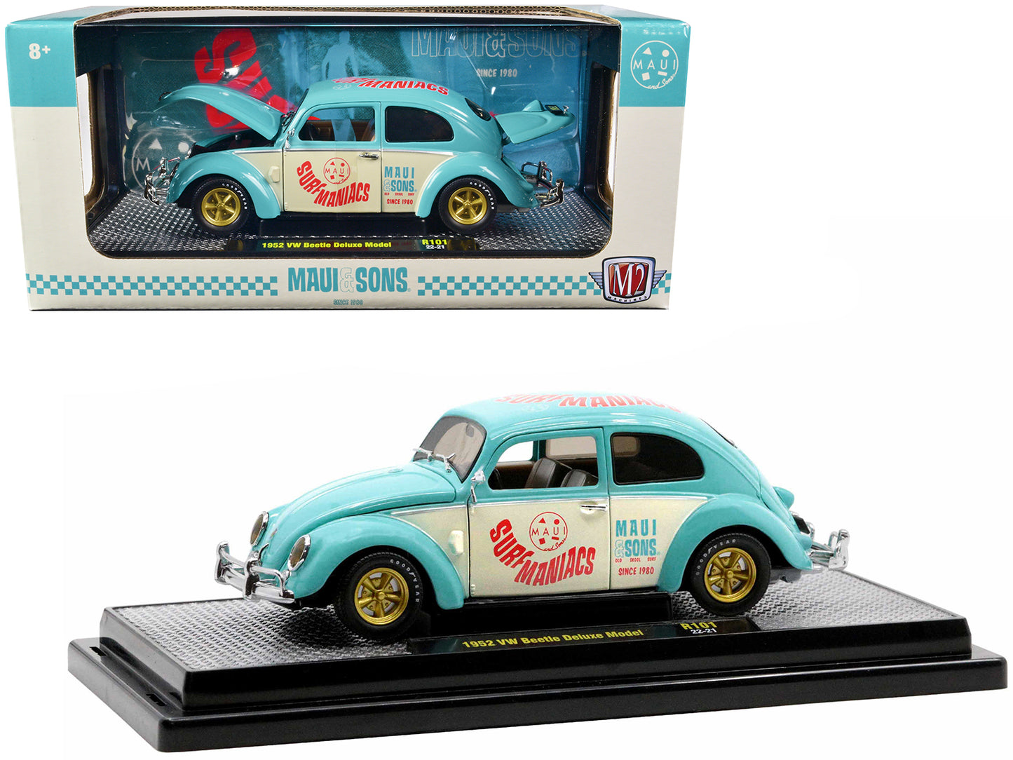 1952 Volkswagen Beetle Deluxe Model Light Blue and Wimbledon White “Maui & Sons” Limited Edition to 3850 pieces Worldwide 1/24 Diecast Model Car by M2 Machines-DiecastModeler.com