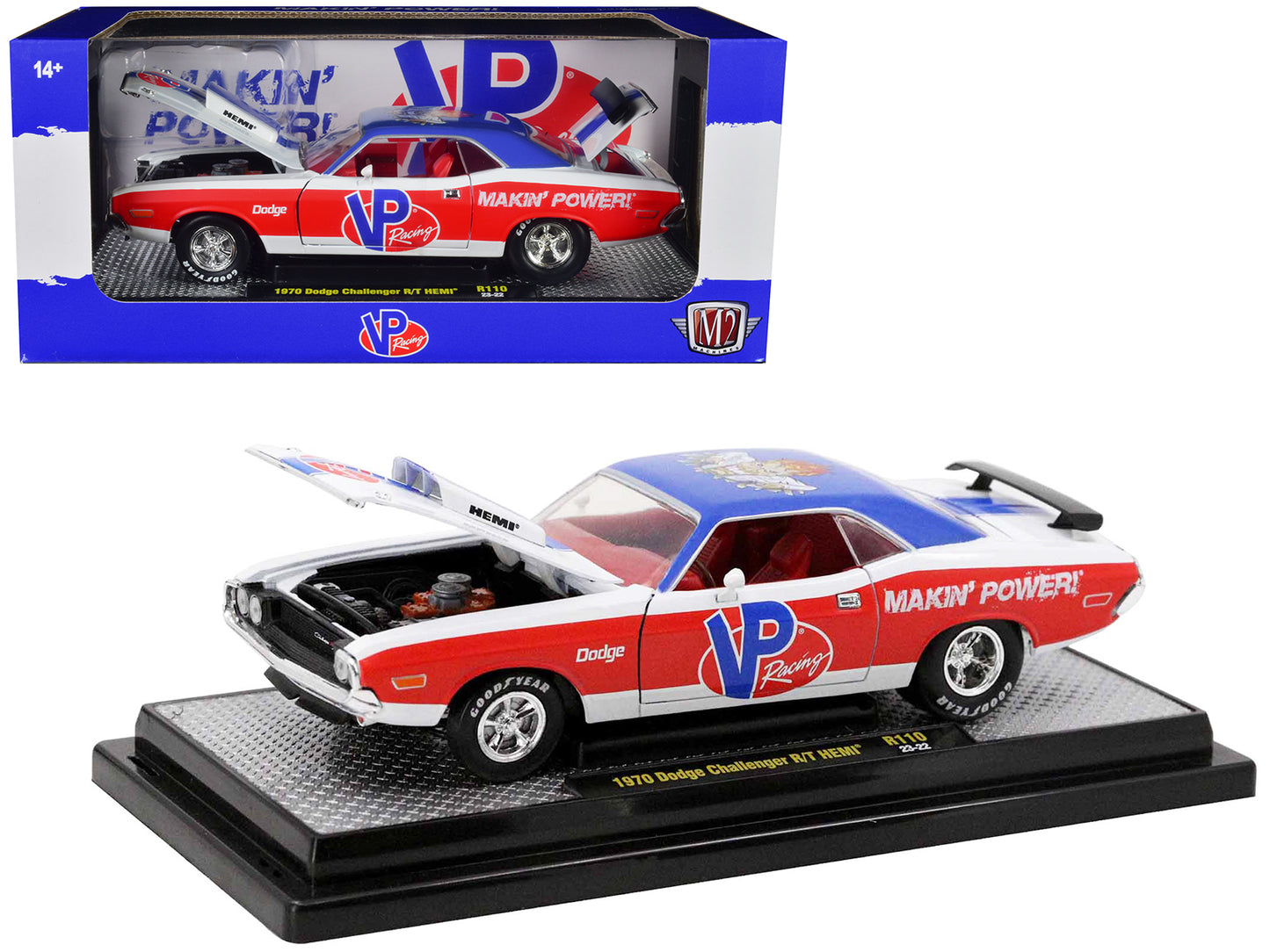 1970 Dodge Challenger R/T Hemi White with Red and Blue Stripes with Red Interior "VP Racing" Limited Edition to 5710 pieces Worldwide 1/24 Diecast Model Car by M2 Machines-DiecastModeler.com