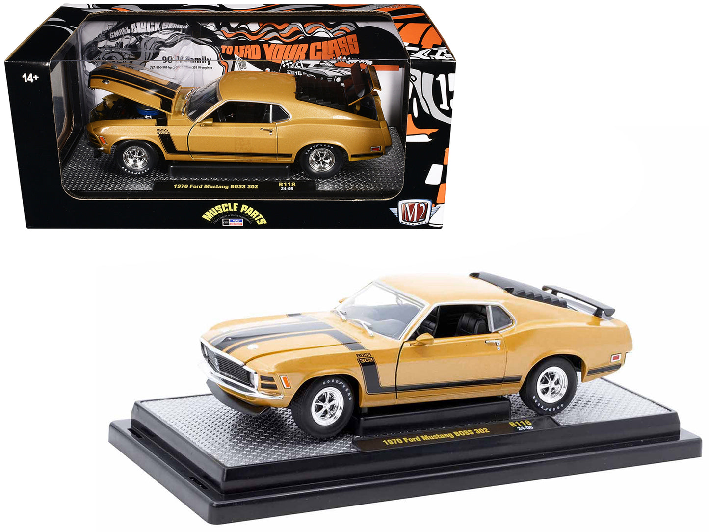 1970 Ford Mustang BOSS 302 Gold Metallic with Black Stripes Limited Edition to 6250 pieces Worldwide 1/24 Diecast Model Car by M2 Machines-DiecastModeler.com