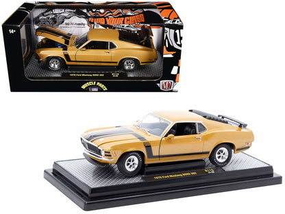 1970 Ford Mustang BOSS 302 Gold Metallic with Black Stripes Limited Edition to 6250 pieces Worldwide 1/24 Diecast Model Car by M2 Machines-DiecastModeler.com