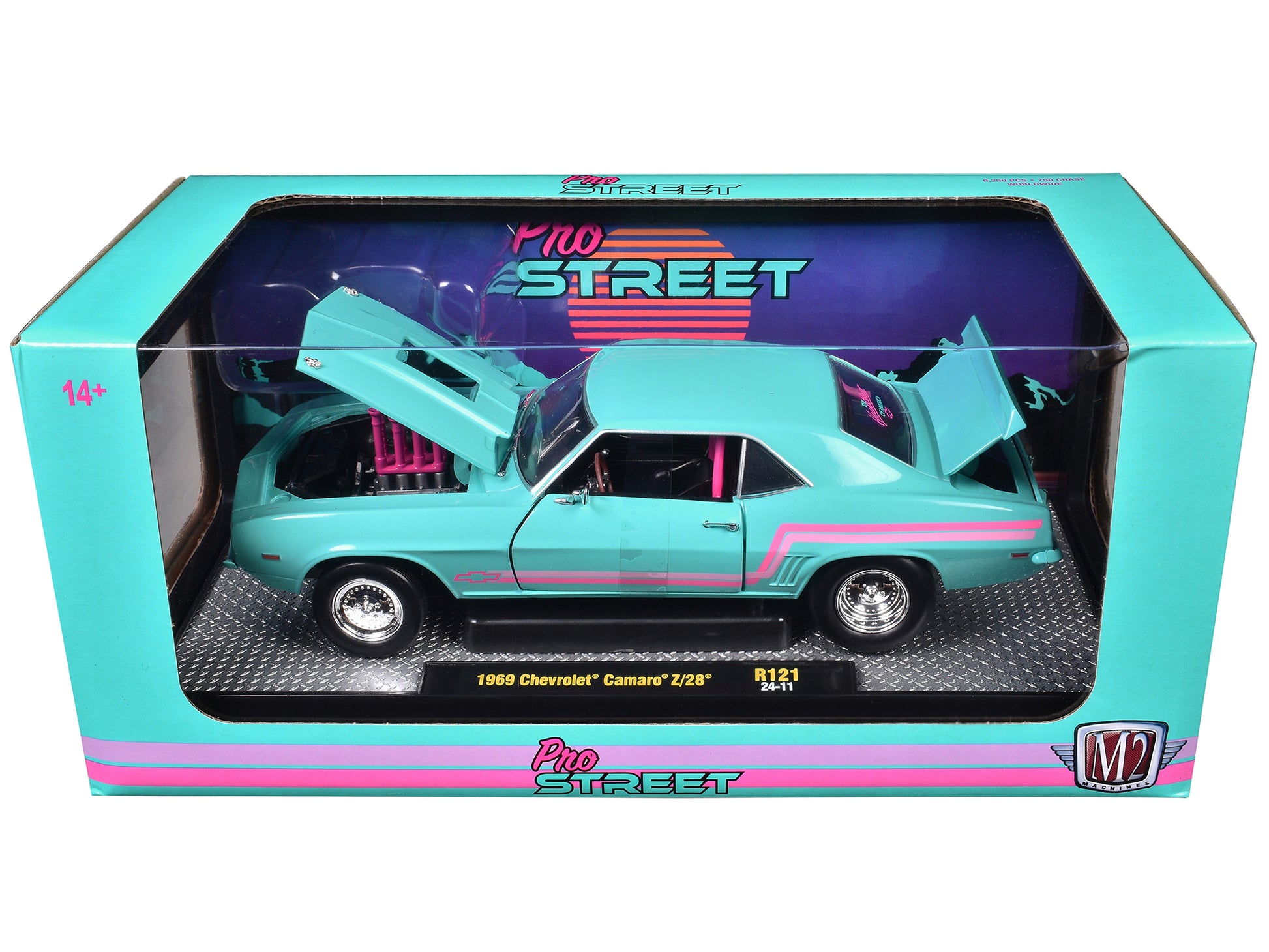 1969 Chevrolet Camaro Z/28 Light Blue with Pink Stripes "Pro Street" Limited Edition to 6250 pieces Worldwide 1/24 Diecast Model Car by M2 Machines-DiecastModeler.com