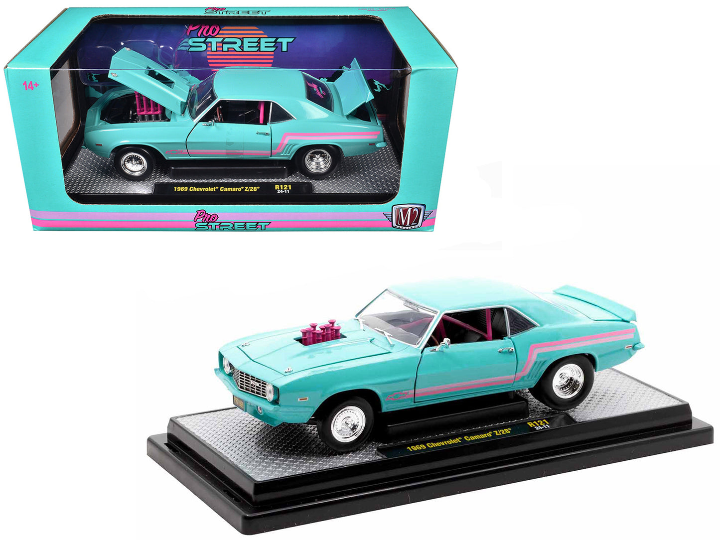 1969 Chevrolet Camaro Z/28 Light Blue with Pink Stripes "Pro Street" Limited Edition to 6250 pieces Worldwide 1/24 Diecast Model Car by M2 Machines-DiecastModeler.com