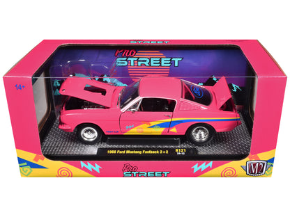 1966 Ford Mustang Fastback 2+2 Pink with Blue and Yellow Stripes "Pro Street" Limited Edition to 6250 pieces Worldwide 1/24 Diecast Model Car by M2 Machines-DiecastModeler.com