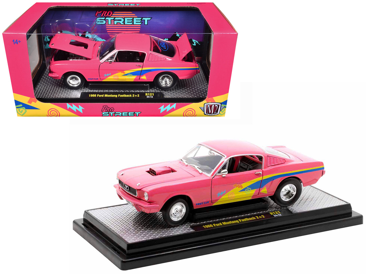 1966 Ford Mustang Fastback 2+2 Pink with Blue and Yellow Stripes "Pro Street" Limited Edition to 6250 pieces Worldwide 1/24 Diecast Model Car by M2 Machines-DiecastModeler.com