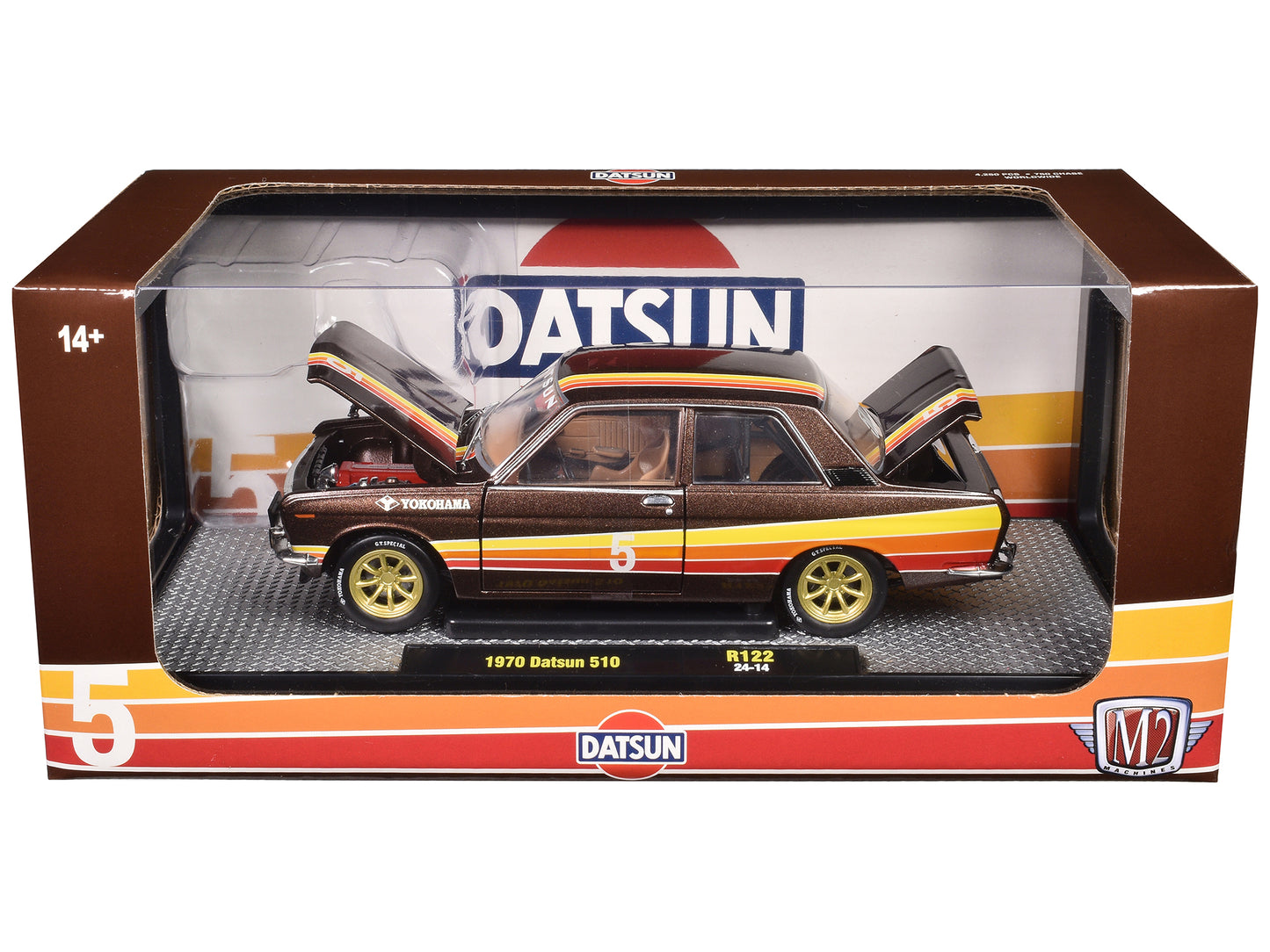 1970 Datsun 510 #5 Brown Metallic with Stripes Limited Edition to 4250 pieces Worldwide 1/24 Diecast Model Car by M2 Machines-DiecastModeler.com