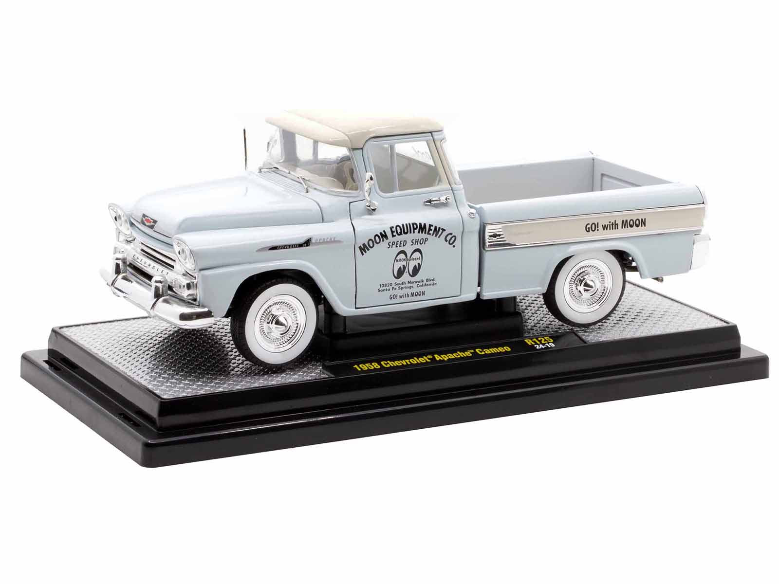 1958 Chevrolet Apache Cameo Pickup Truck "Mooneyes" Light Gray with White Top Limited Edition to 6650 pieces Worldwide 1/24 Diecast Model Car by M2 Machines-DiecastModeler.com