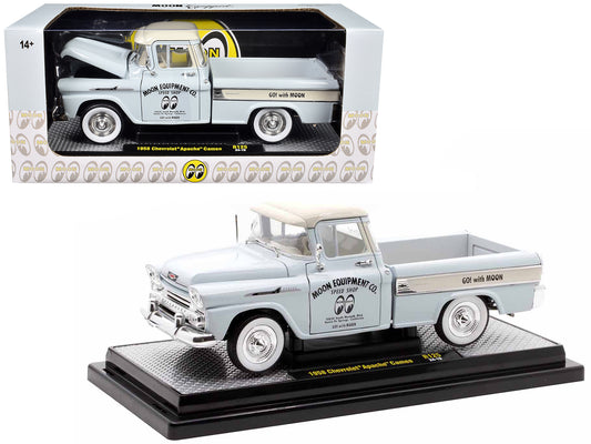 1958 Chevrolet Apache Cameo Pickup Truck "Mooneyes" Light Gray with White Top Limited Edition to 6650 pieces Worldwide 1/24 Diecast Model Car by M2 Machines-DiecastModeler.com