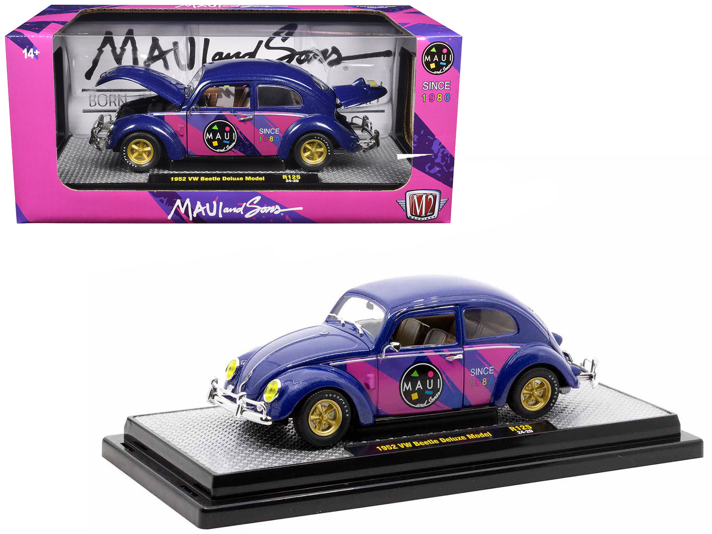 1952 Volkswagen Beetle Deluxe Model "Maui & Sons" Purple Metallic with Graphics Limited Edition to 6650 pieces Worldwide 1/24 Diecast Model Car by M2 Machines-DiecastModeler.com