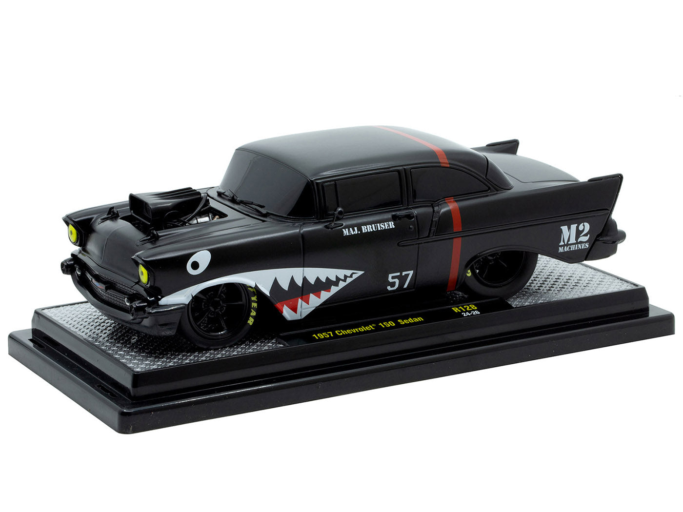 1957 Chevrolet 150 Sedan "Maj. Bruiser" Matt Black with Red Stripe and Shark Mouth Graphics Limited Edition to 6650 pieces Worldwide 1/24 Diecast Model Car by M2 Machines