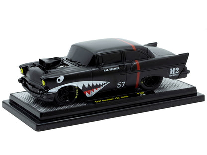 1957 Chevrolet 150 Sedan "Maj. Bruiser" Matt Black with Red Stripe and Shark Mouth Graphics Limited Edition to 6650 pieces Worldwide 1/24 Diecast Model Car by M2 Machines