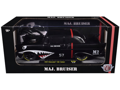 1957 Chevrolet 150 Sedan "Maj. Bruiser" Matt Black with Red Stripe and Shark Mouth Graphics Limited Edition to 6650 pieces Worldwide 1/24 Diecast Model Car by M2 Machines